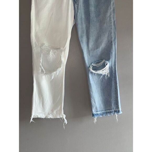 Vervet High Rise Cross Over Two Toned Jeans Rigid Denim Fray Hem Crop Flare 28 - Picture 7 of 16